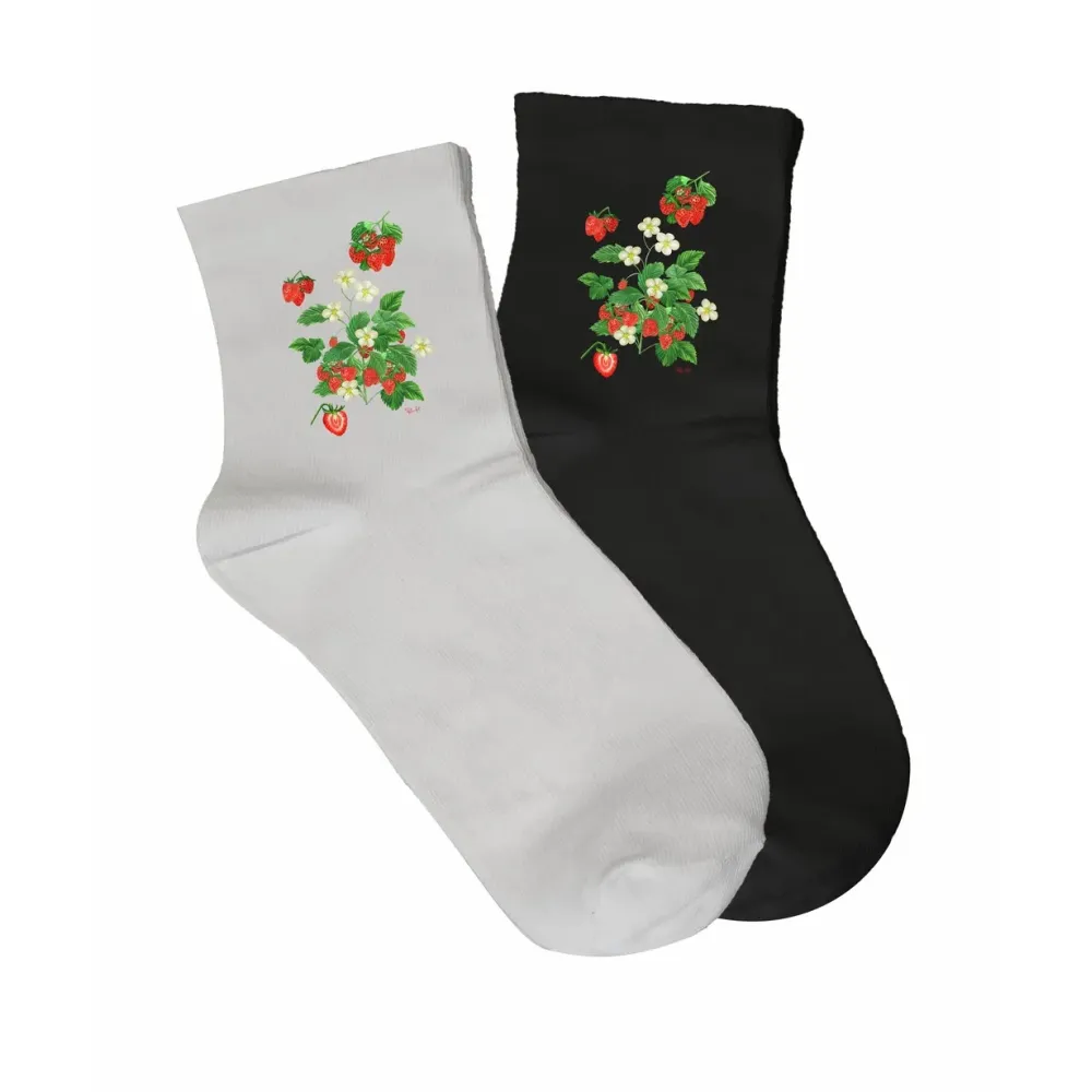 Modne skarpety damskie czarne z nadrukiem owoców