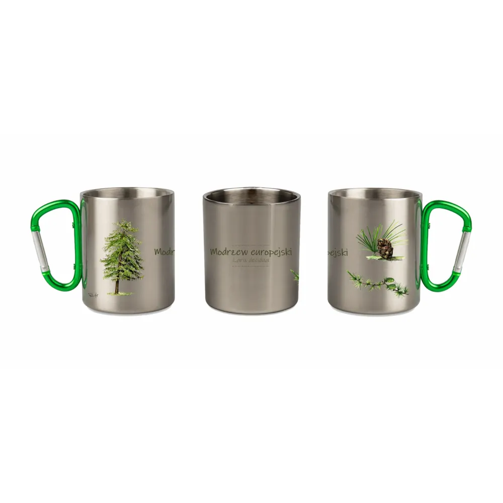Kubek z karabińczykiem stalowy srebrny - DRZEWA - MODRZEW