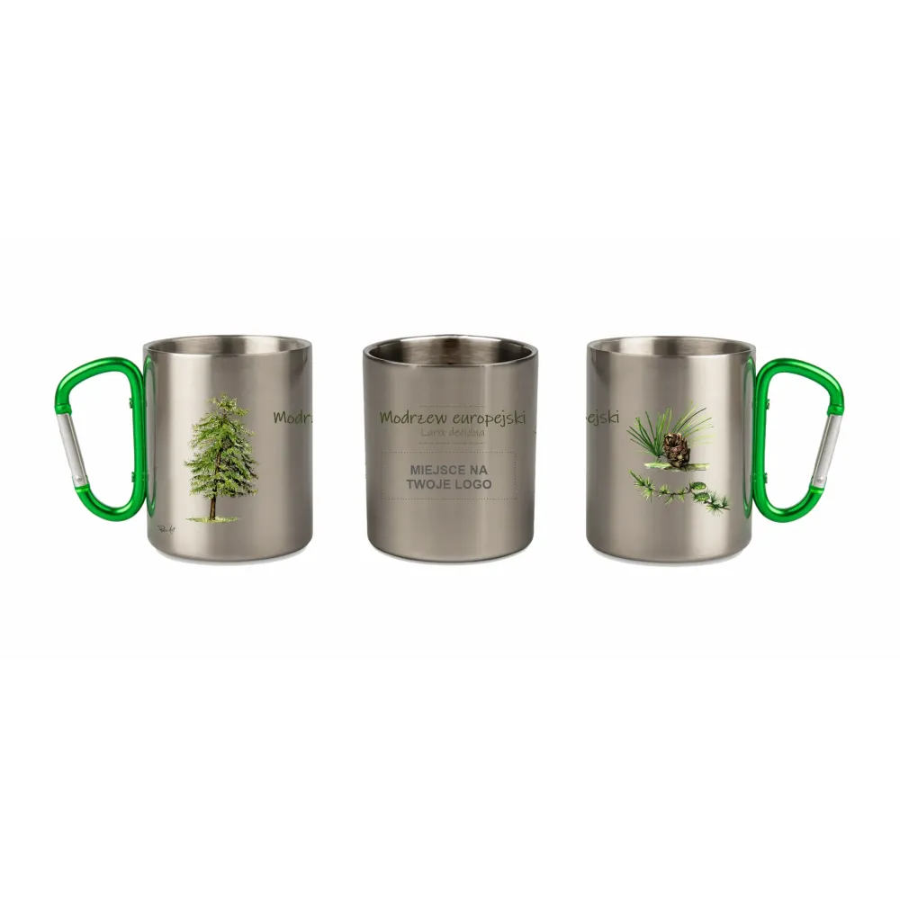 Kubek z karabińczykiem stalowy srebrny - DRZEWA - MODRZEW - PERSONALIZACJA