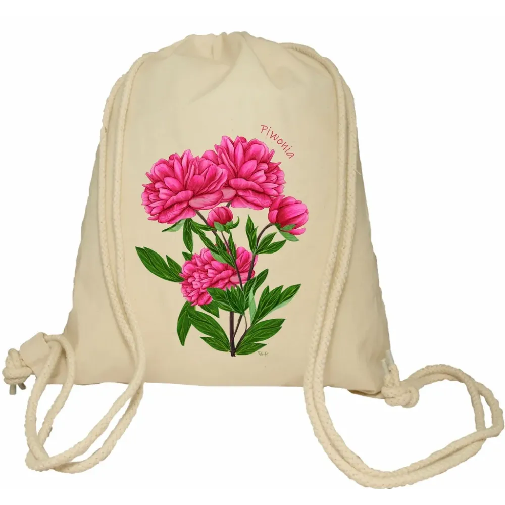 Plecak worek bawełniany Premimum 37x46 naturalny - KWIATY - PIWONIA