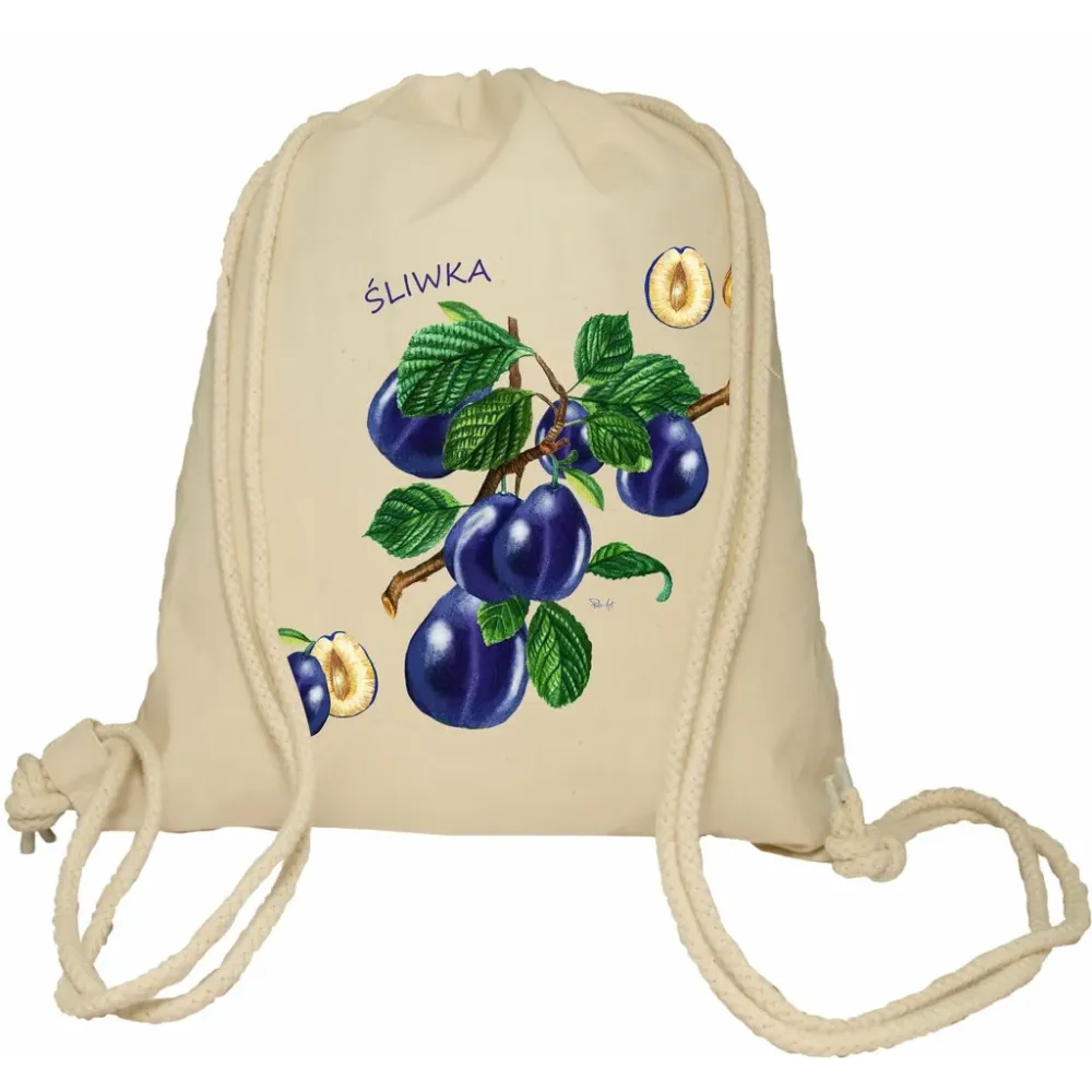Plecak worek bawełniany Premimum 37x46 naturalny - OWOCE - ŚLIWKA